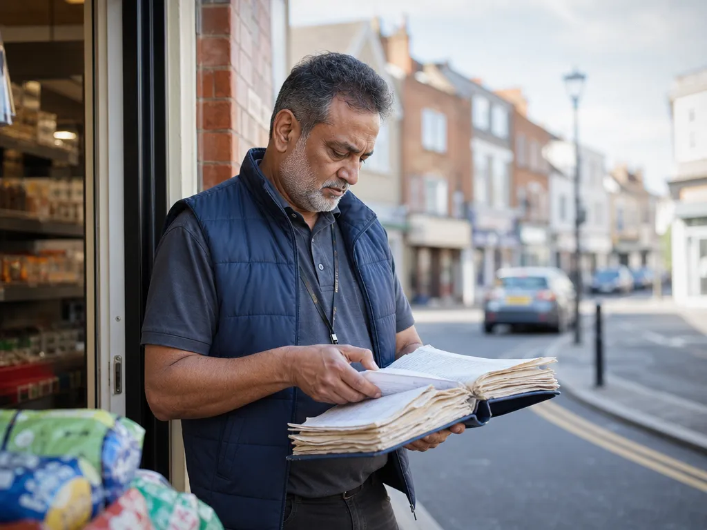 A field rep on a shop doorstep flicking through a thick dog-eared paper customer file with no context before the visit.