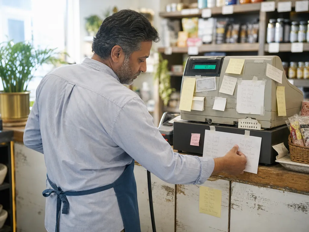 A cashier squinting at hand-written promo signs and sticky notes taped around an old counter till.