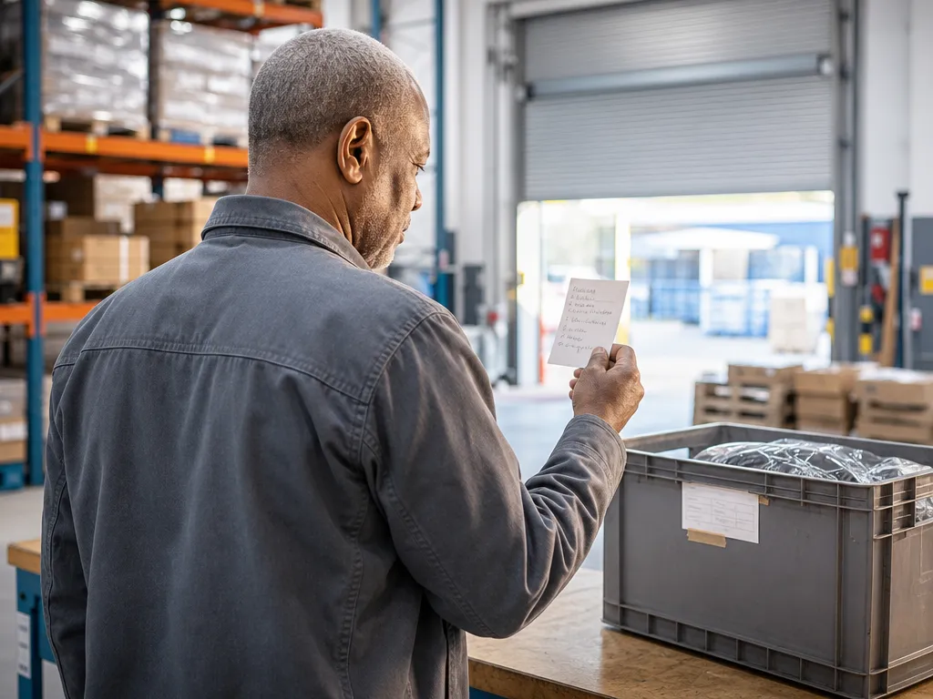 A supervisor discovering a short delivery late from a handwritten note left on a returned crate of stock.