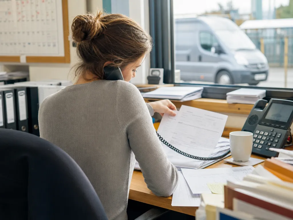 A dispatcher with a phone handset wedged under the chin, flipping a printed run-sheet to chase a driver for an ETA with no live map.
