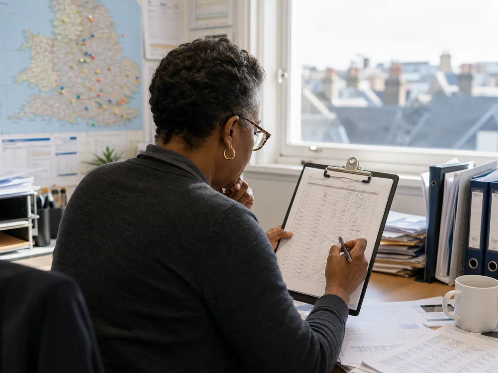 A territory manager at a desk puzzles over a paper beat plan on a clipboard covered in handwritten ticks, with no way to tell which outlets were actually visited.
