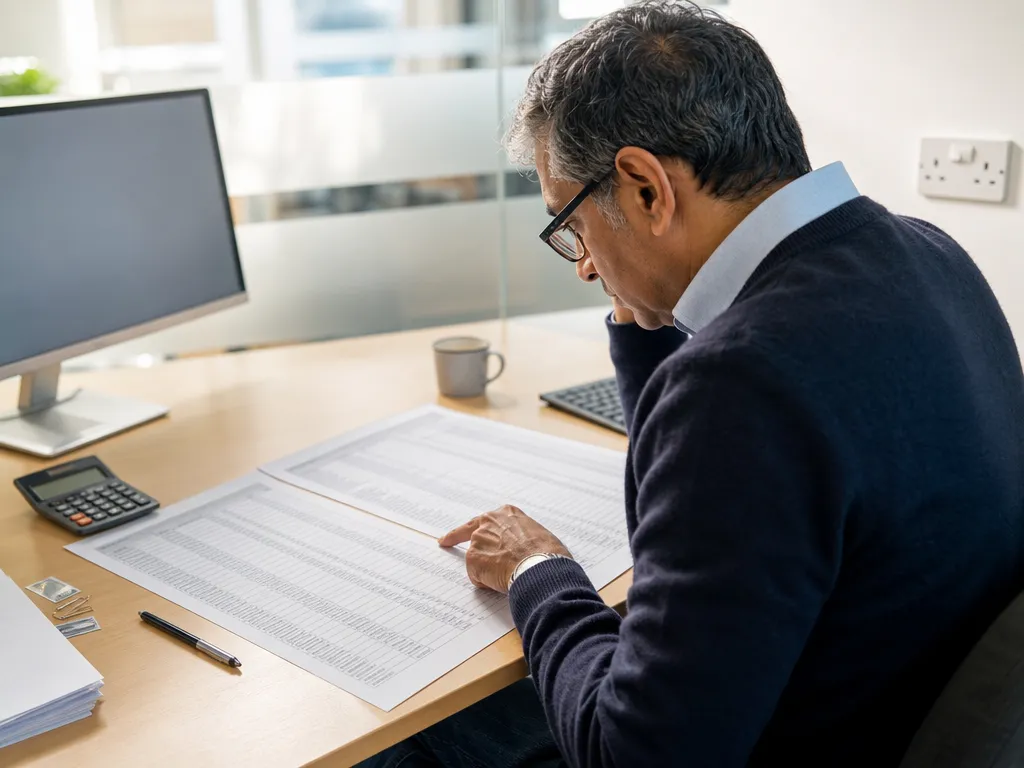 Two mismatched ledger printouts laid side by side, compared line by line because the entities don’t reconcile.
