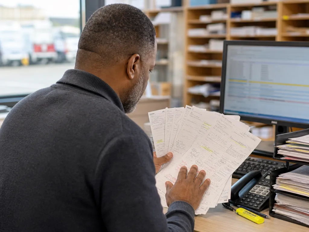 A back-office worker spreading a fan of marked-up paper delivery dockets across a desk, trying to reconcile shorts and refusals after invoices already went out.