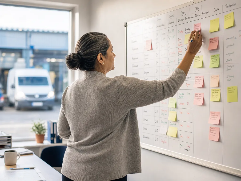 Supervisor adding a sticky note to a whiteboard of handwritten driver names and strike rates.