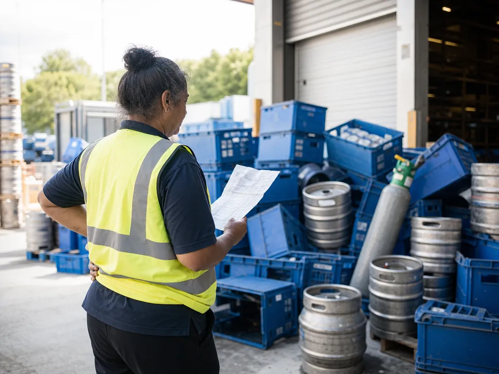 An operator with a paper tally that won’t add up, surveying an uncounted heap of returnable blue crates, kegs and a CO₂ cylinder at the loading bay.