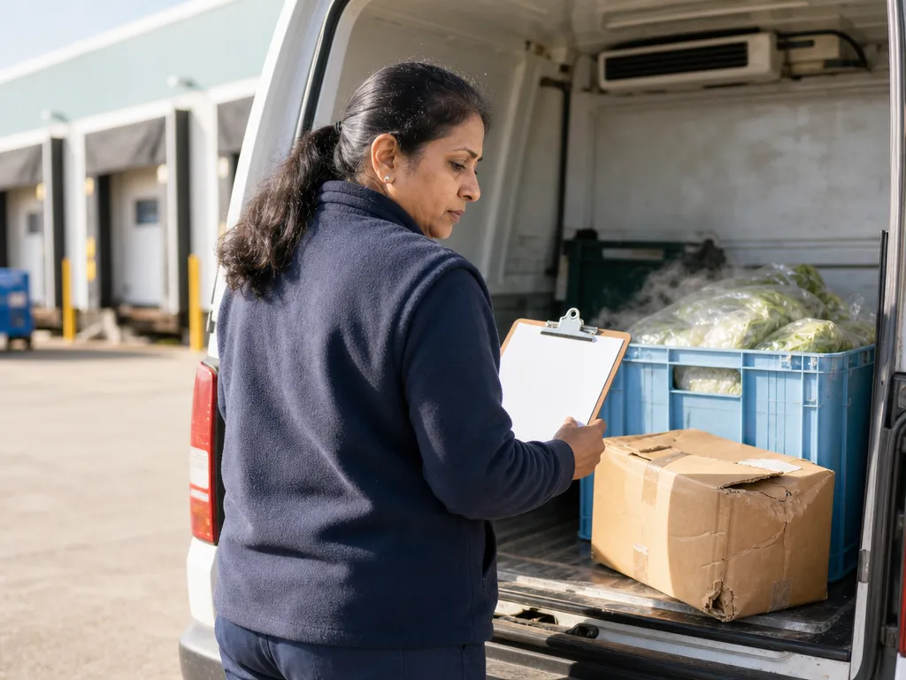 A driver at the rear of a refrigerated van holding a clipboard with a blank paper docket, unable to record a chilled crate or a dented carton.