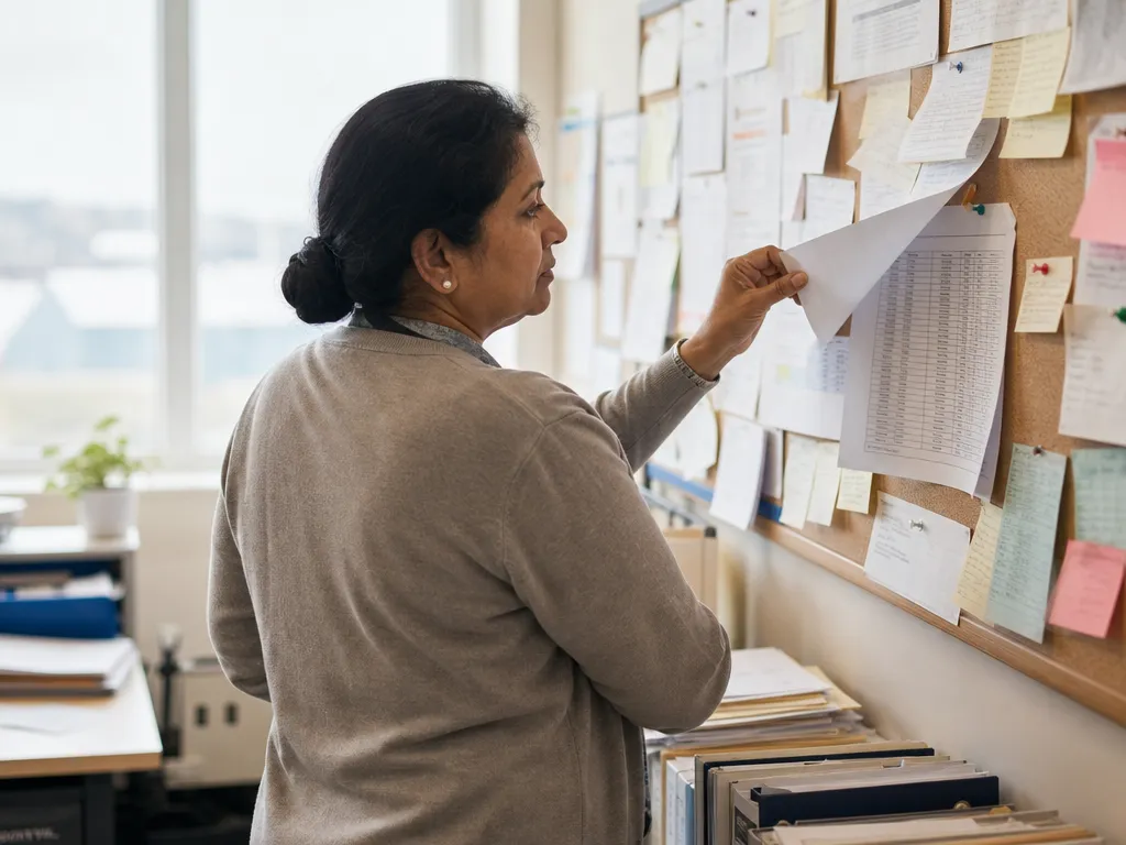 A worker lifting a curling printed standing-order schedule half-buried on a cluttered corkboard of notes.