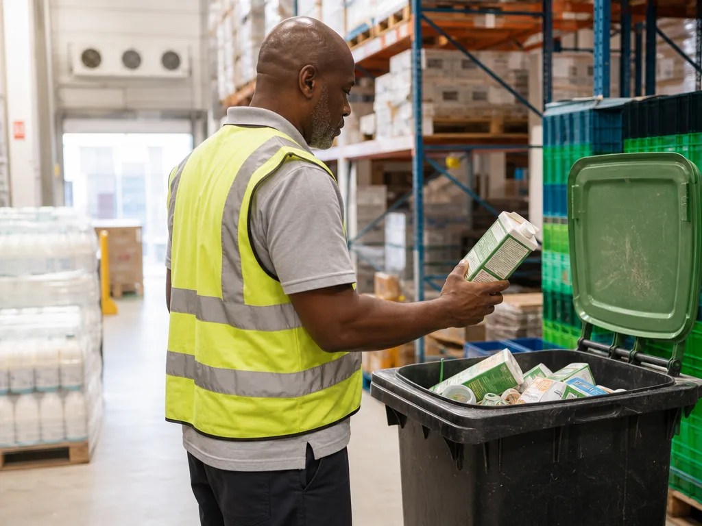 A worker discards an out-of-date carton over an open wastage bin in a chilled warehouse aisle.