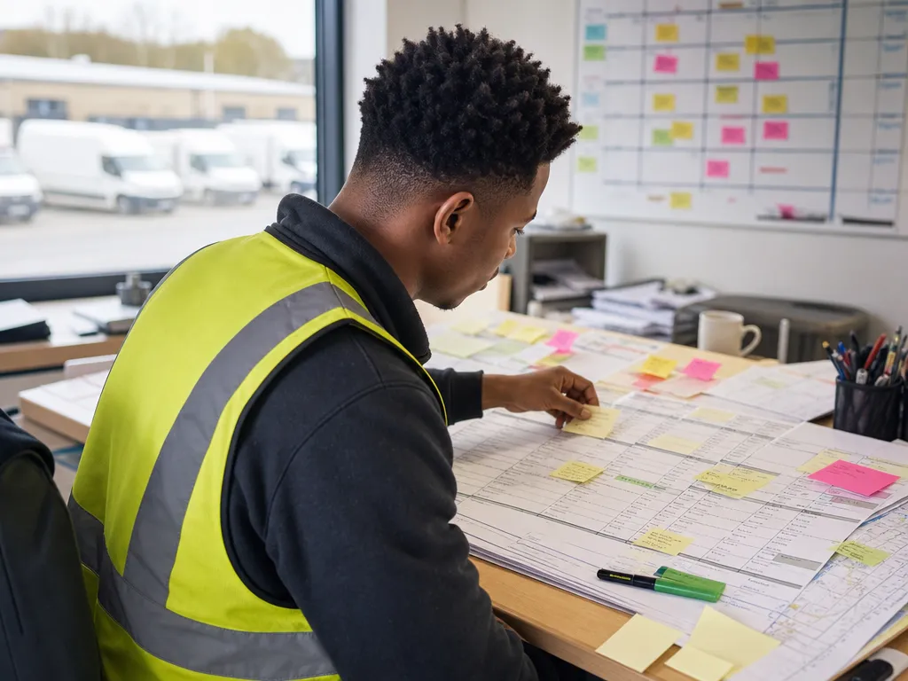 A transport planner slotting a last-minute consumer order into a printed manifest by hand.