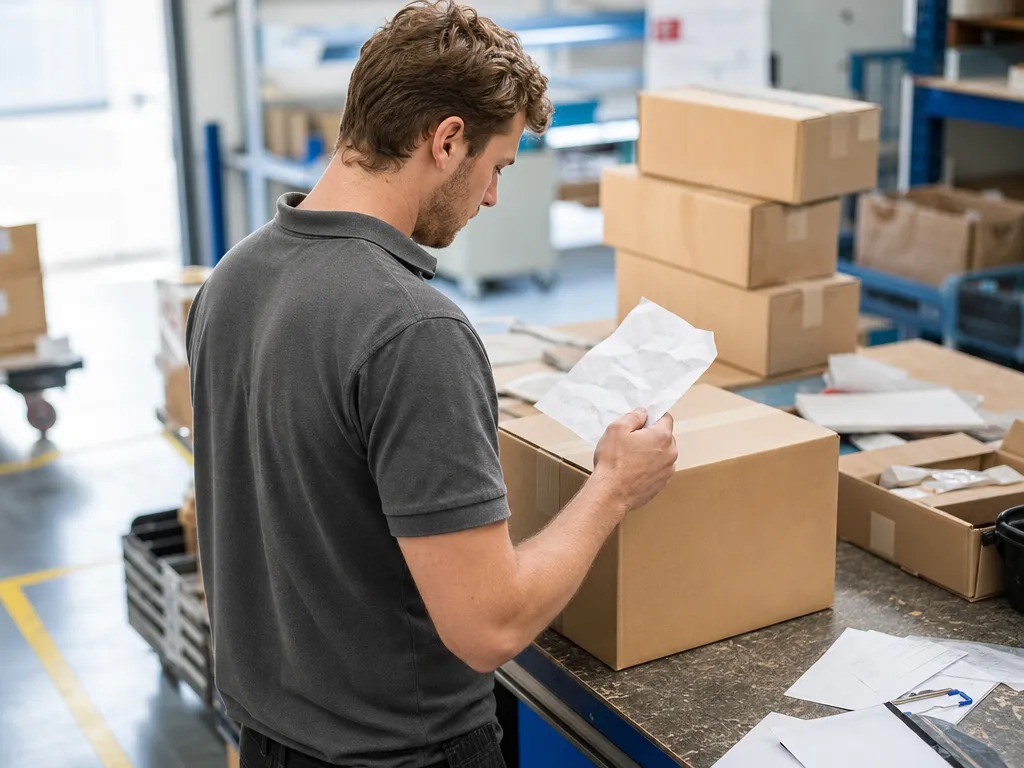 An operator holding a paper note beside an unlabelled high-value boxed unit on a dispatch bench, with no serial record and similar boxes stacked untracked behind.