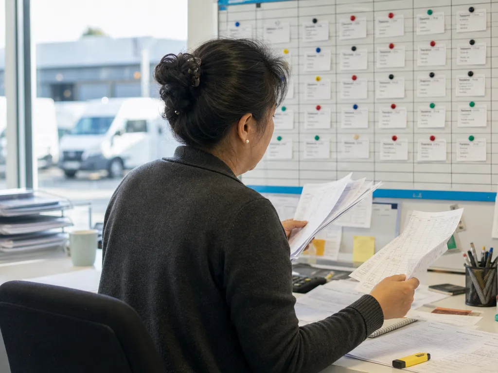 An ops manager piecing driver productivity together from a magnetic wall planner and a fan of paper timesheets.