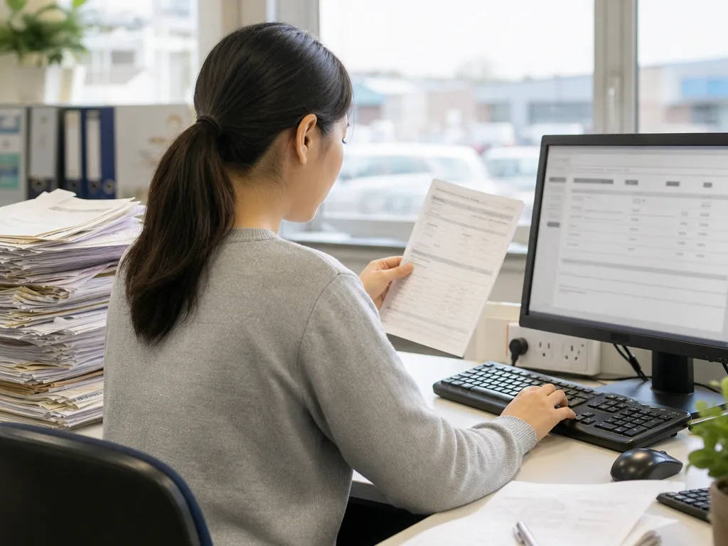 A back-office clerk retyping figures from a stack of paper sales dockets into a desktop computer — the same numbers keyed again.