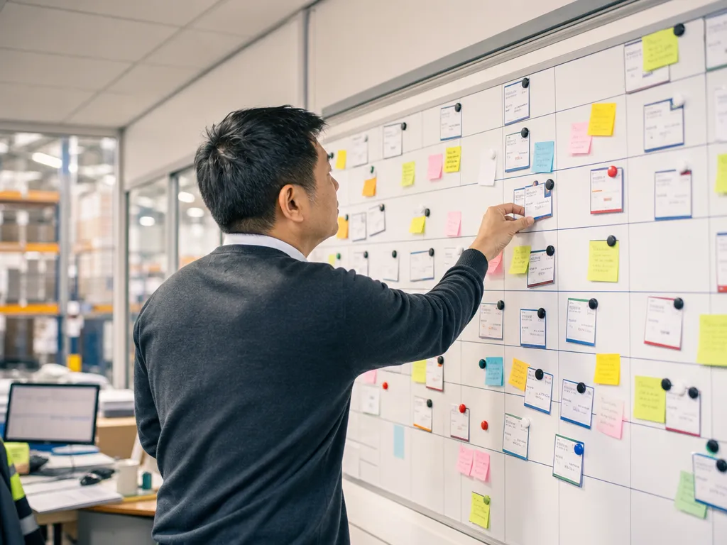 A planner re-arranging magnetic job cards and Post-it notes on a wall whiteboard across a slipping grid of days and shifts.