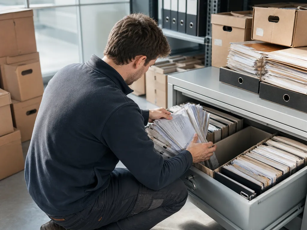 A depot worker crouched at an open filing cabinet drawer crammed with box files and bundles of paper PODs, digging for six months of records.