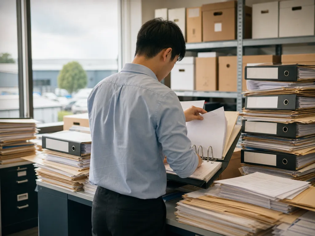 Worker assembling an audit pack by hand from towering lever-arch binders and loose printouts.