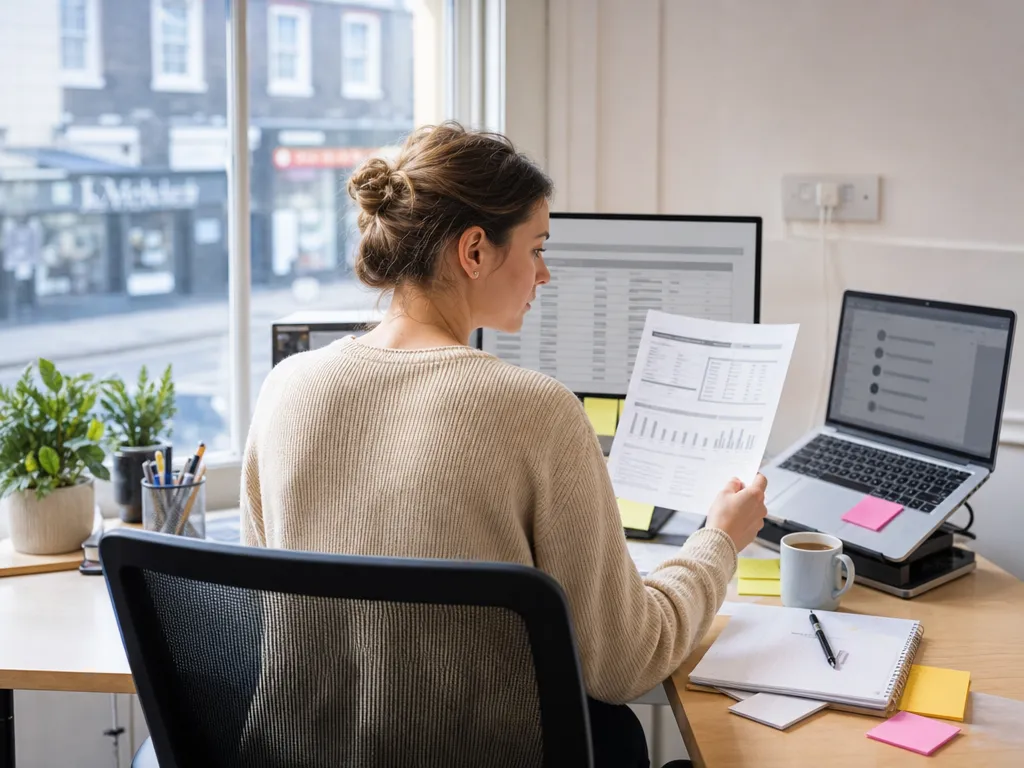 A marketing worker comparing a printed loyalty report against two mismatched screens — disconnected loyalty, segmentation and comms tools.