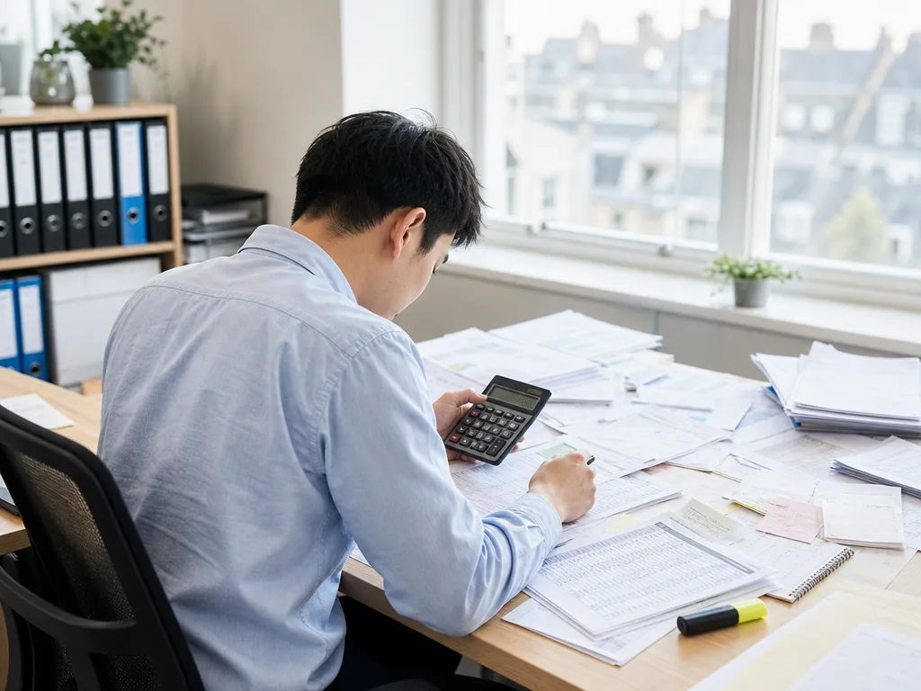 A finance clerk hunched over a desk reconciling field-sales commission by hand from a sprawl of printed spreadsheets, credit notes and a calculator.