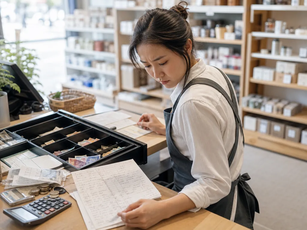 A staff member frowning over an open cash drawer next to a hand-scrawled cash-up sheet that won’t reconcile.