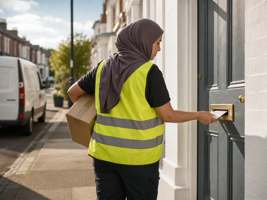 A driver posting a “sorry we missed you” card through a letterbox with the parcel undelivered.
