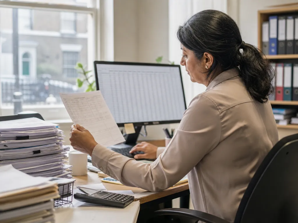 A finance worker transcribing a tall stack of returned paper POD paperwork into a manual invoice spreadsheet at end of day.