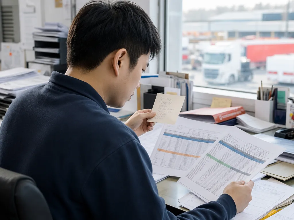 A transport clerk frowns at a scrawled note about a subcontracted job, cross-checking it against two printed rate spreadsheets that don’t line up.