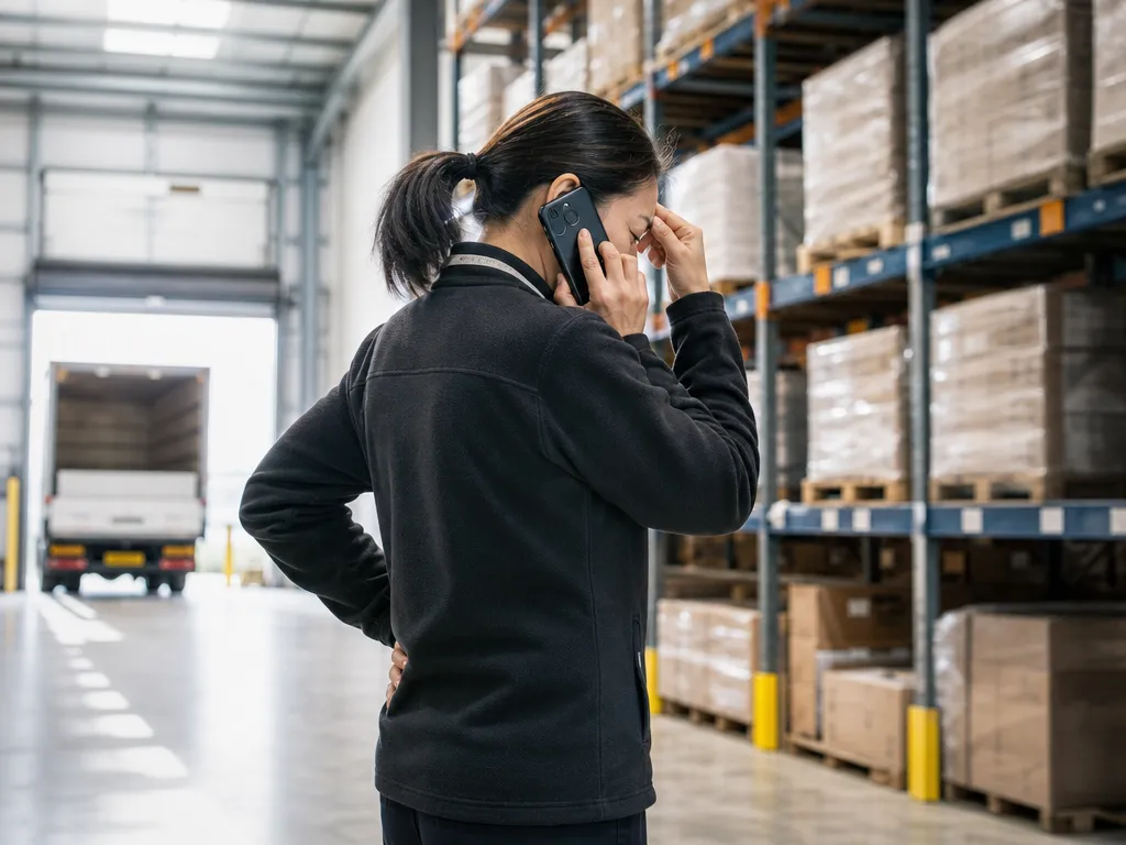 A warehouse manager phones another depot from the floor to check stock, with no live cross-site view.