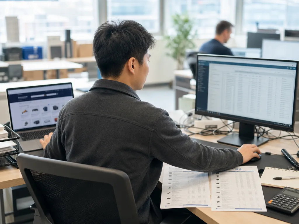A worker glancing between a laptop webstore and a separate desktop ERP, two printed pricelists side by side on one desk.