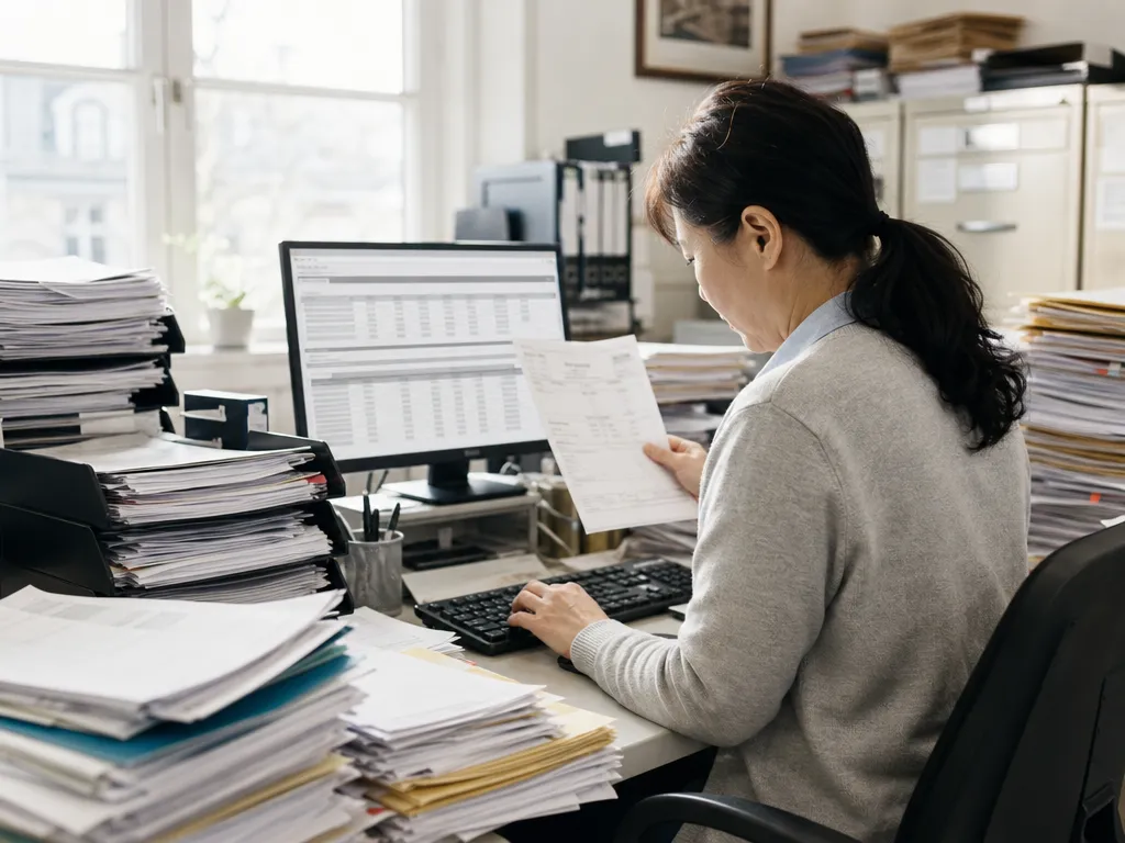 A back-office clerk drowning in repetitive data entry, surrounded by overflowing trays of paper invoices and dockets.