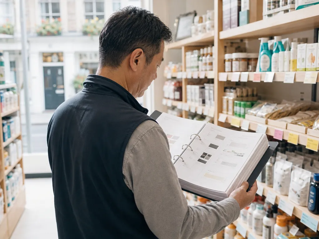 A franchisee leafing through a thick, out-of-date printed brand-standards binder amid mismatched shelf-edge labels in a high-street shop.