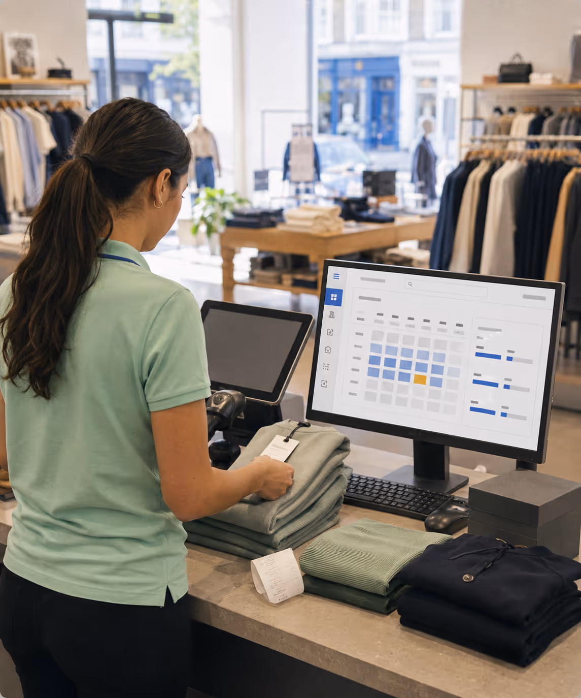 A specialty store front of house with a variant-matrix display on the RouteMagic POS, a sales associate ringing up a multi-line basket.