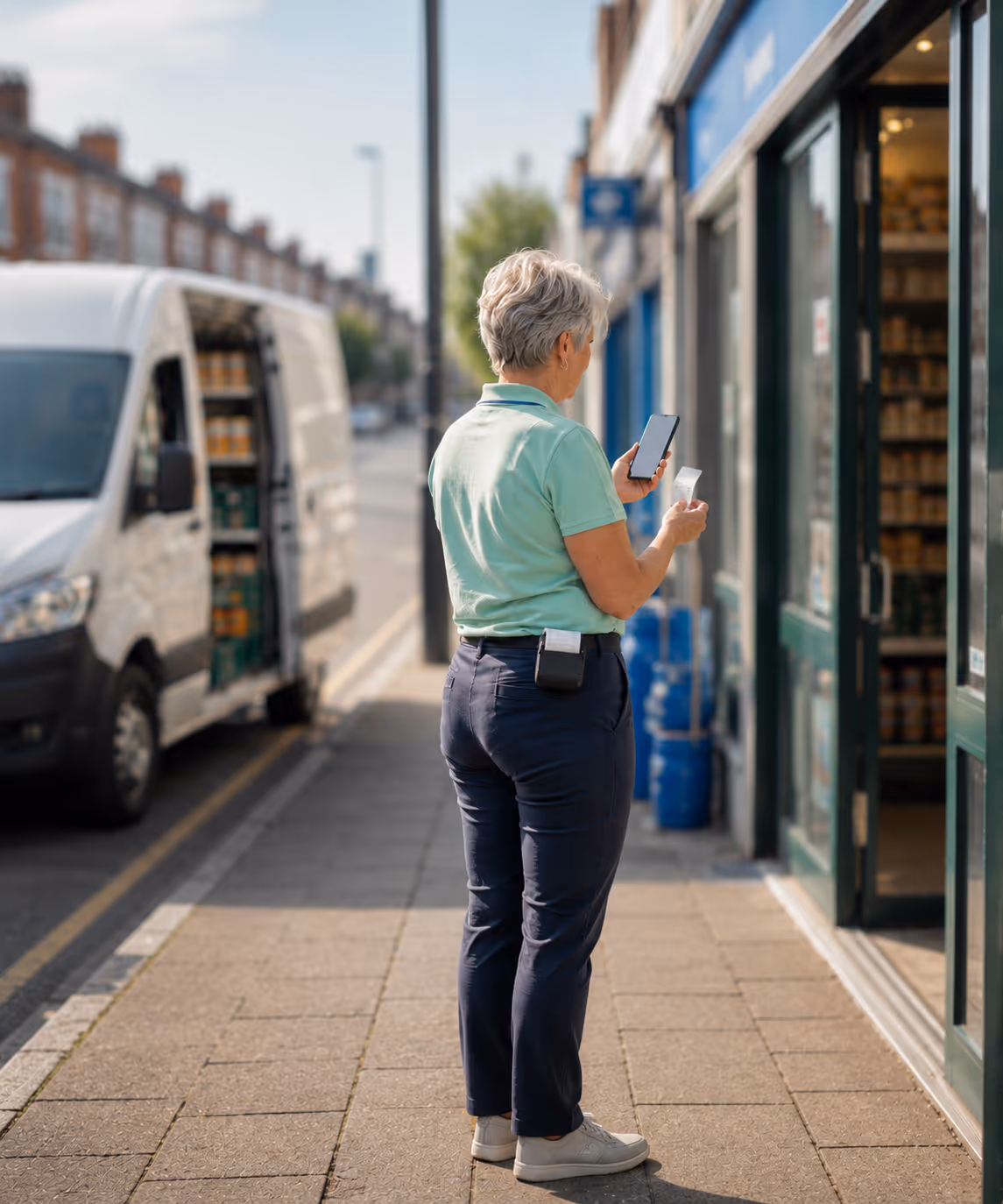 RouteMagic van sales software generating an invoice at a grocery shopfront, loaded van behind