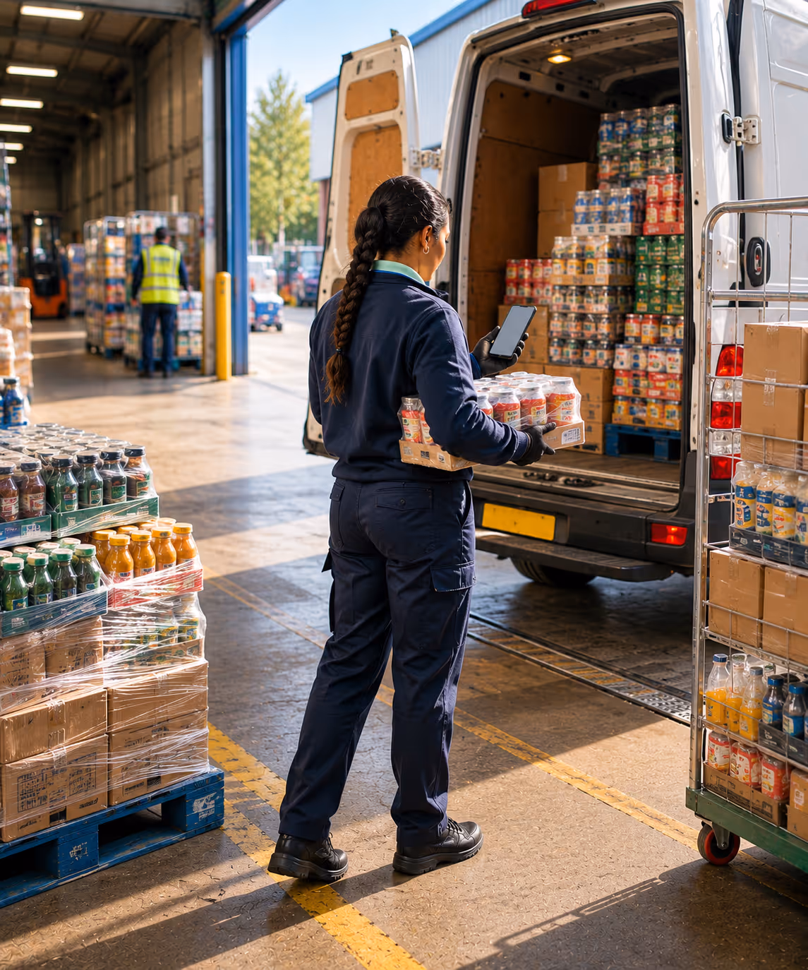 A wholesale warehouse picking, packing and loading pre-ordered goods onto a delivery van, driver ready to run a DSD route.