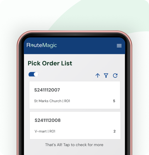 Warehouse Operations: RouteMagic mobile app pick order list interface on smartphone showing warehouse inventory tracking with order numbers