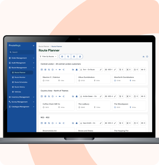 Back Office Operations: RouteMagic back office dashboard on laptop showing customer-specific pricing and credit control management with product catalog