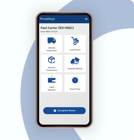 Van Salesman Start of Day: RouteMagic mobile app vehicle inspection dashboard on smartphone showing Paul Carter's daily checklist with vehicle inspection, load stock