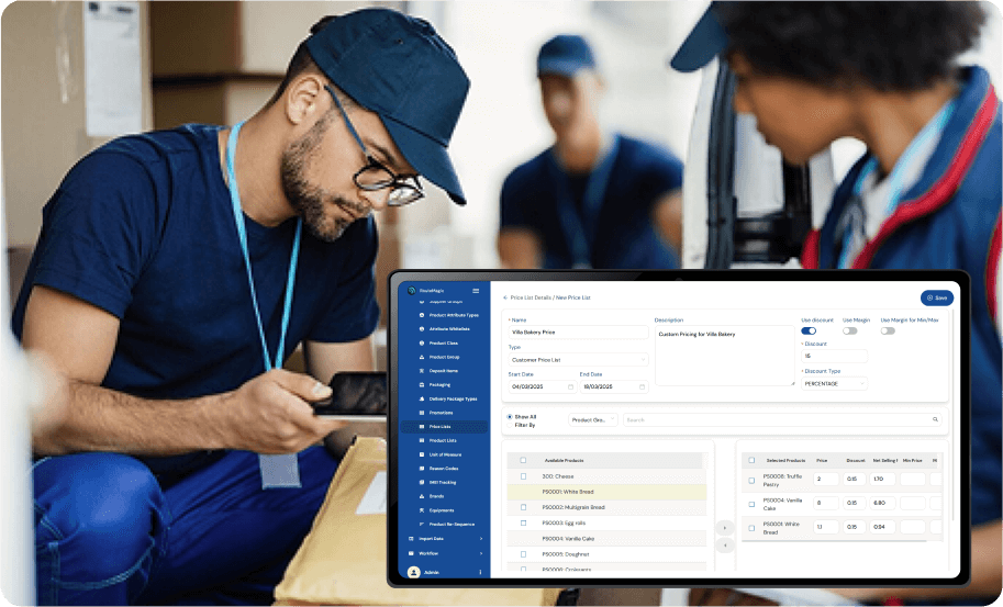Warehouse team member with tablet managing pricing and promotions through RouteMagic control dashboard system