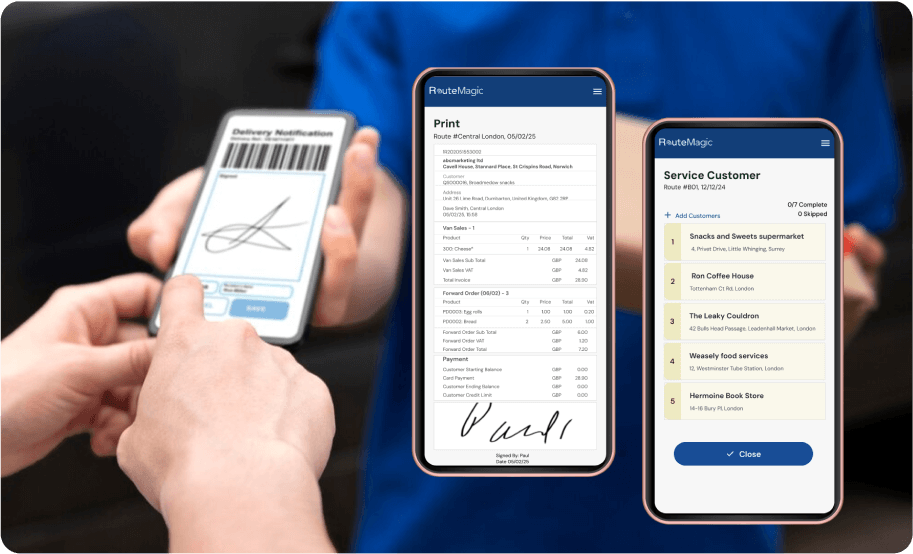 Hands holding smartphone with delivery confirmation barcode scanner and RouteMagic mobile apps showing ePOD