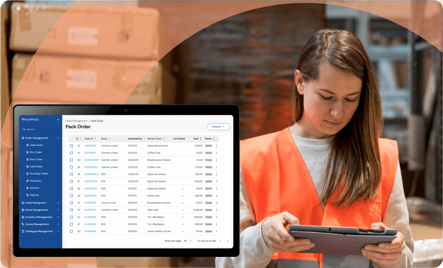 Female warehouse worker in safety vest using tablet to manage pick pack and load operations