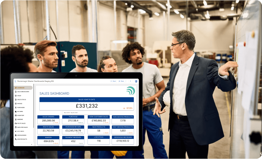Business executive presenting RouteMagic sales dashboard analytics
