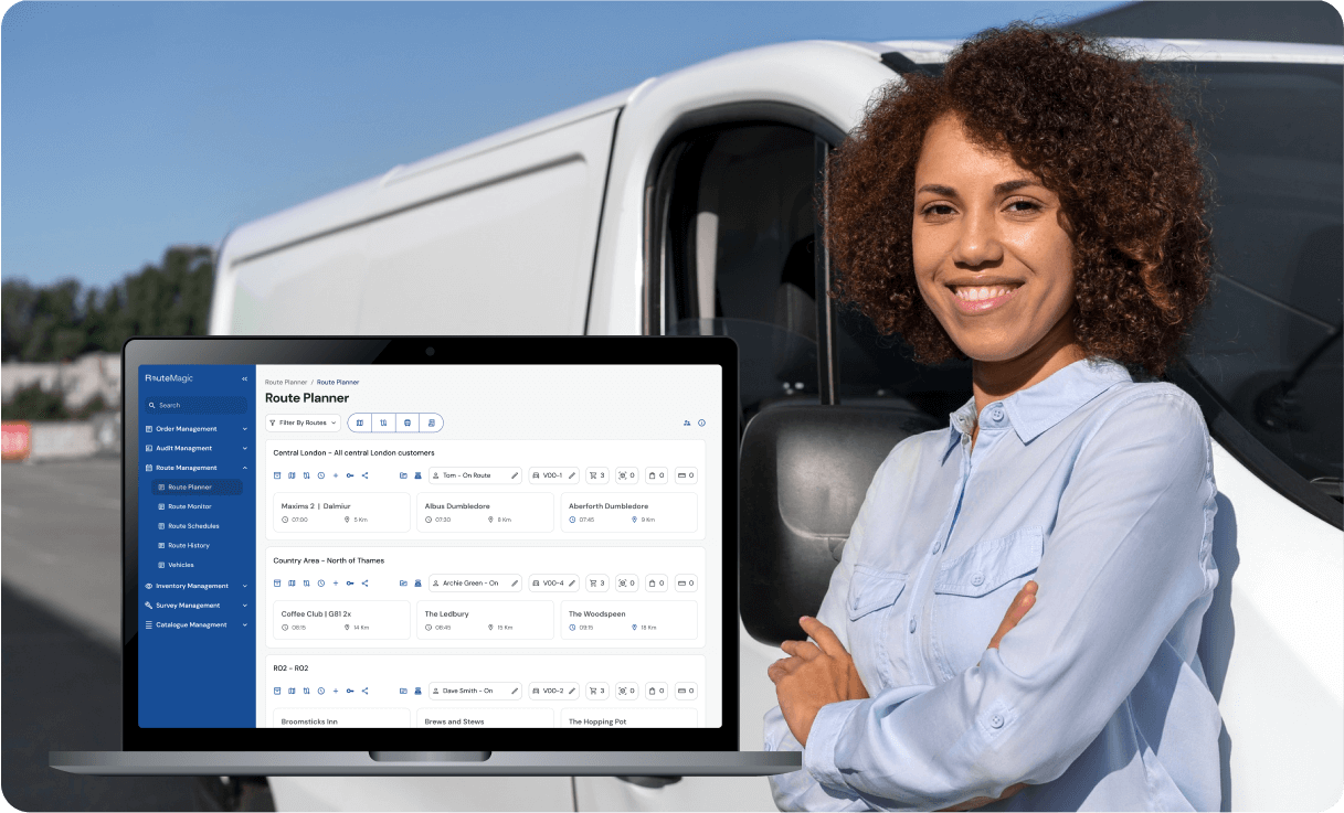 Professional woman with delivery van to optimize delivery routes and reduce fuel costs