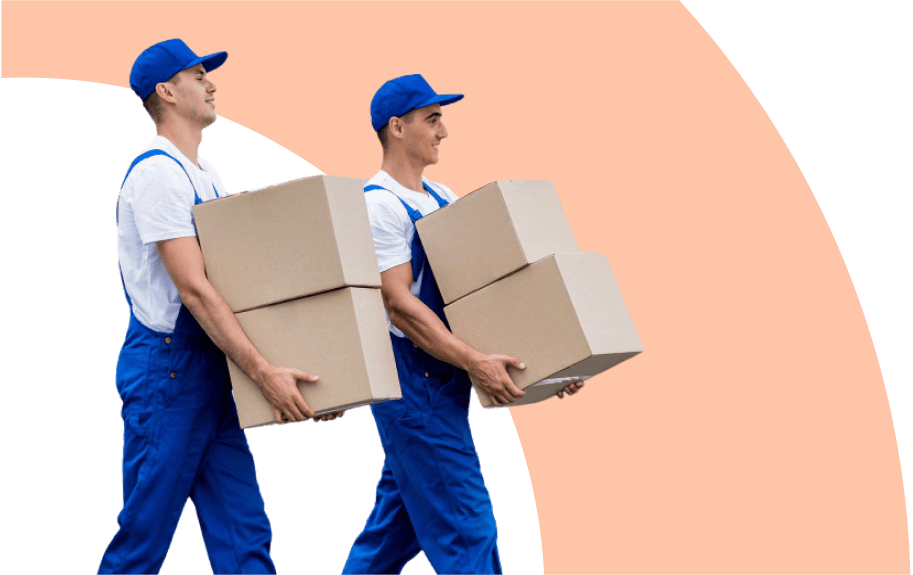 Two delivery workers in blue uniforms carrying cardboard packages representing synchronized van and stock management with RouteMagic logistics automation
