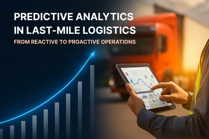 Person using a tablet to monitor logistics data with trucks in the background, symbolizing predictive analytics in last-mile delivery.