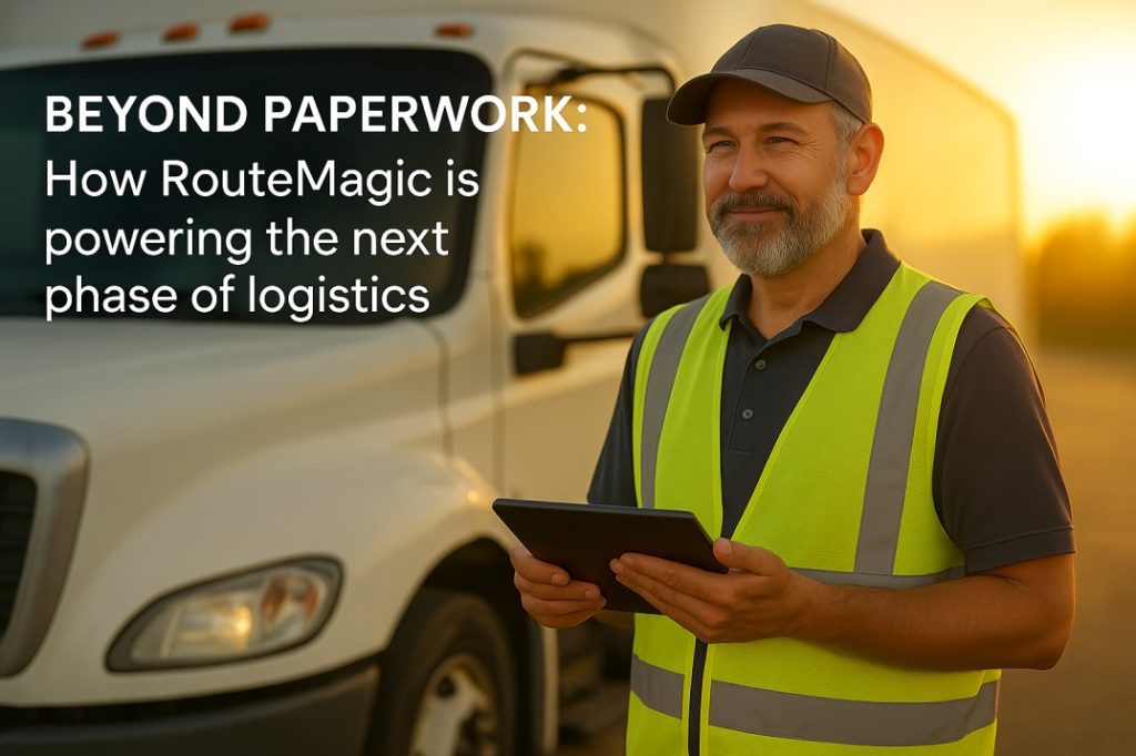 Delivery driver using a digital tablet in front of a truck at sunset, symbolising RouteMagic’s paperless logistics and digital proof of delivery.