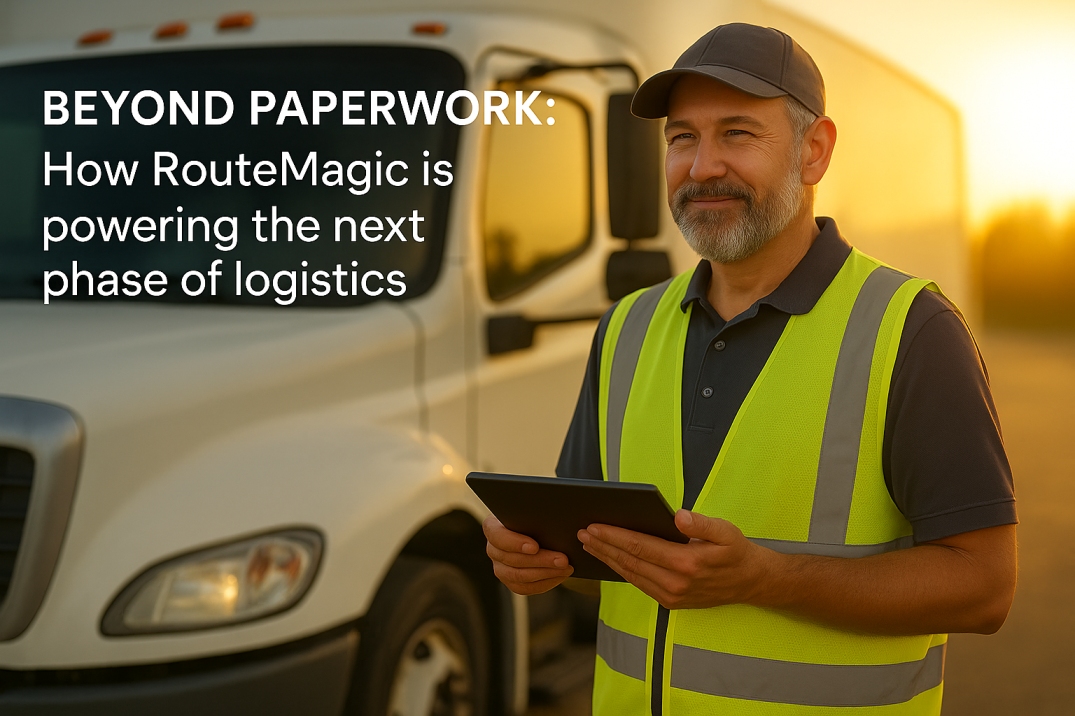 Delivery driver using a digital tablet in front of a truck at sunset, symbolising RouteMagic’s paperless logistics and digital proof of delivery.