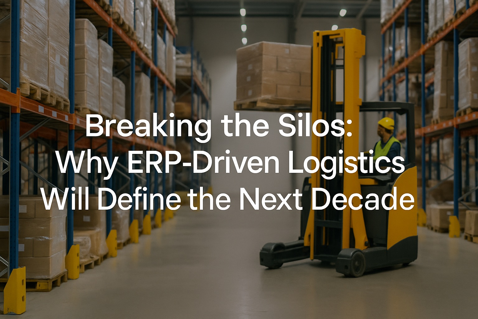 Modern warehouse with delivery trucks and digital network overlay, representing ERP-driven logistics integration