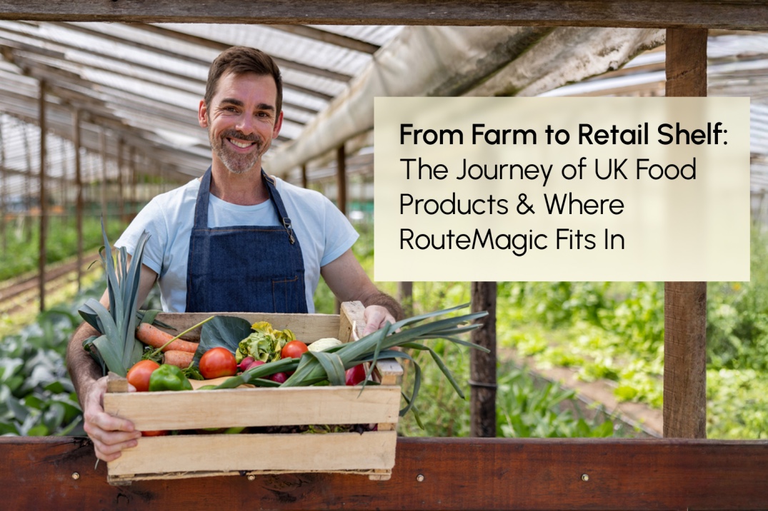 UK farmer holding a crate of fresh vegetables in a greenhouse, representing the farm-to-retail food distribution journey
