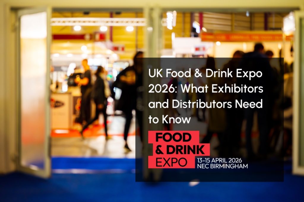 Entrance view of the UK Food & Drink Expo 2026 with event branding and a headline about what exhibitors and distributors need to know.
