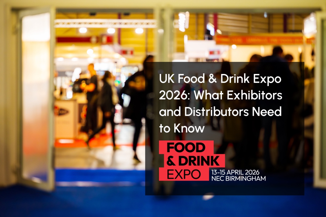 Entrance view of the UK Food & Drink Expo 2026 with event branding and a headline about what exhibitors and distributors need to know.
